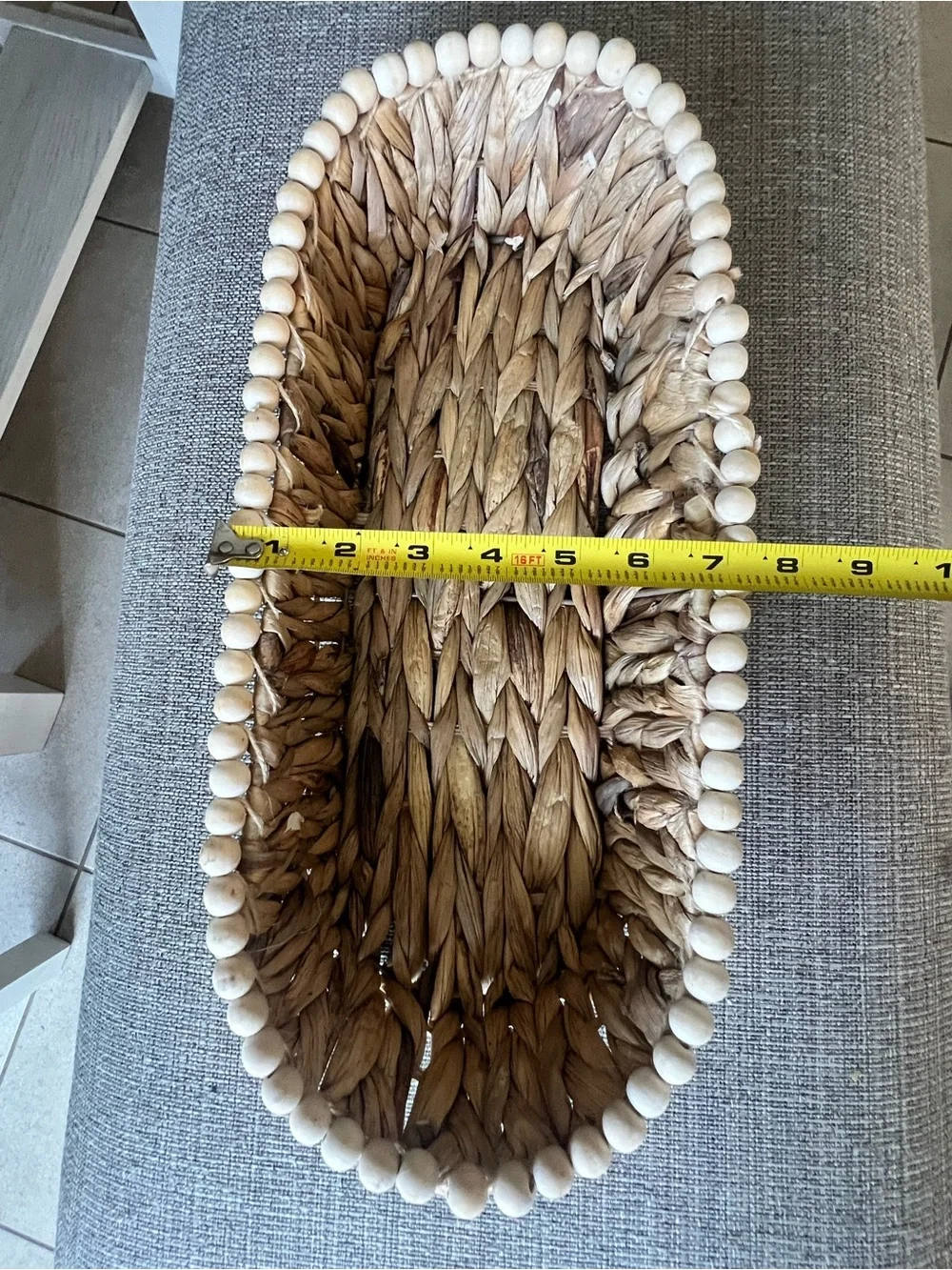 Woven Seagrass Oval Basket with Wooden Bead Trim - Natural Brown